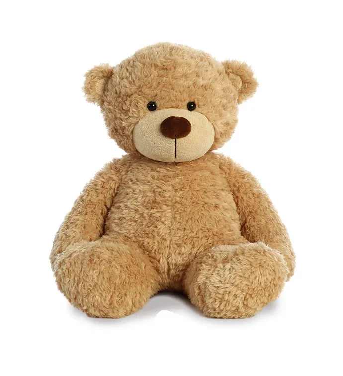 Light brown teddy bear plush toy sitting against a white background