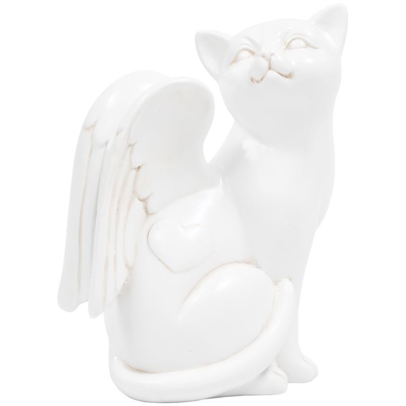 White ceramic cat figurine with angel wings and heart detail