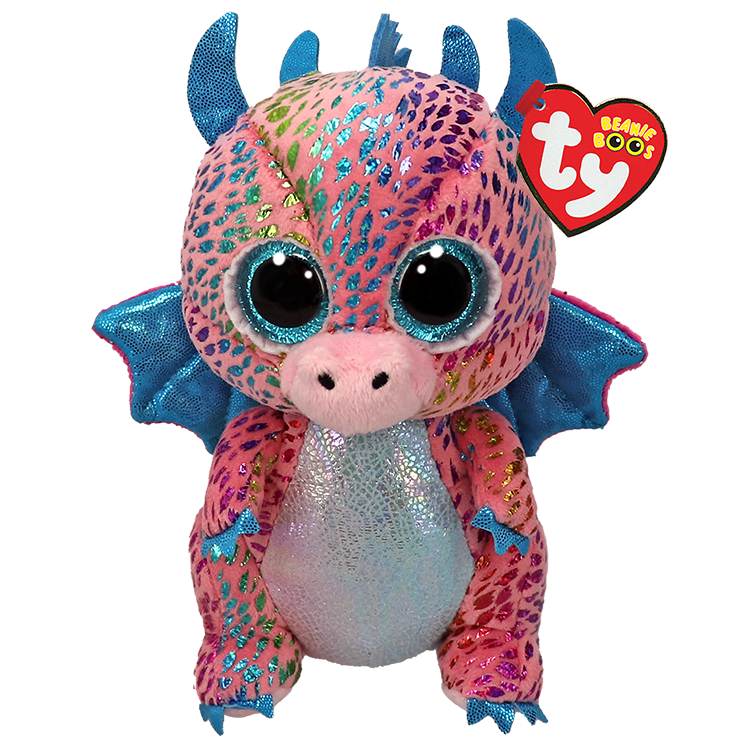 Sparkly pink and blue dragon plush toy with large glittery eyes and wings