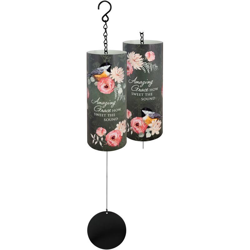 Hanging cylindrical wind chimes with painted pink flowers, bird, and Amazing Grace text
