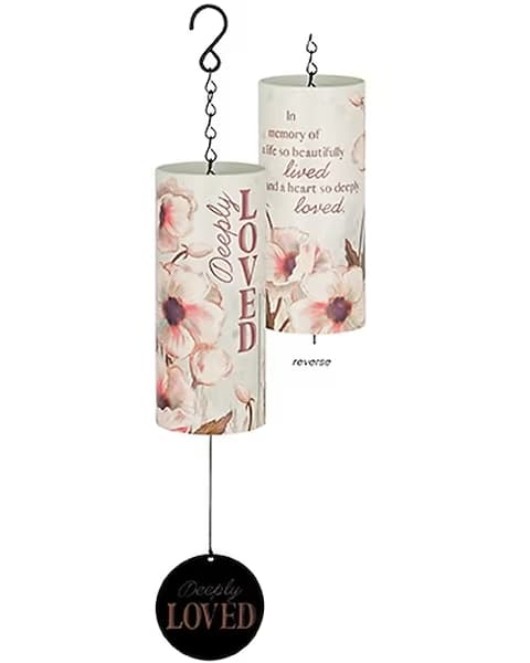 Hanging memorial wind chime with two floral cylinders and 'Deeply Loved' text