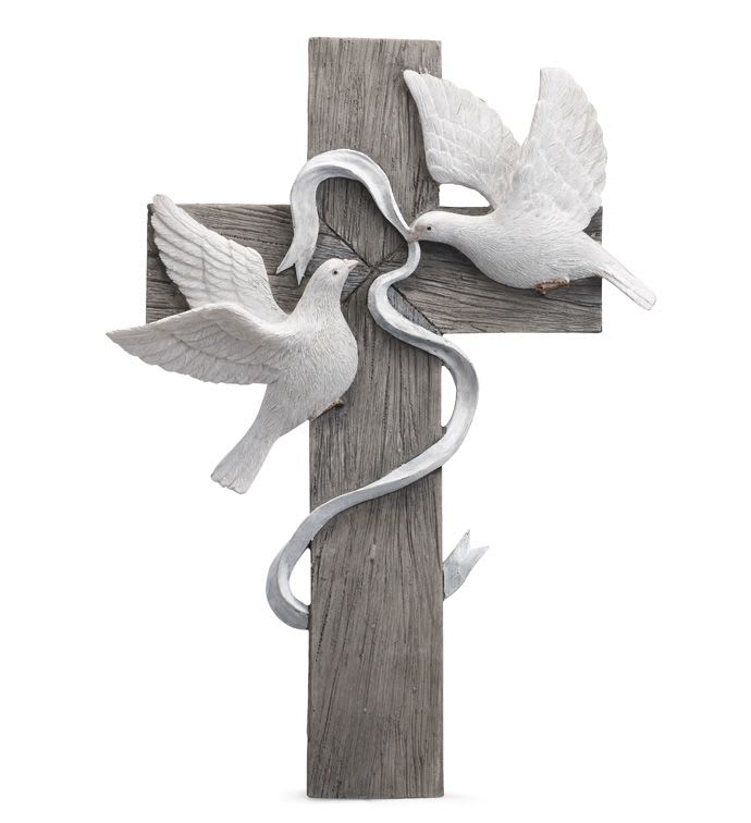 Rustic wooden cross wall decor with two white doves and a flowing silver ribbon