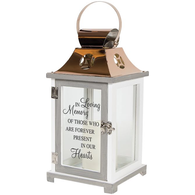 White memorial lantern with glass sides and scripted In Loving Memory text on the front panel