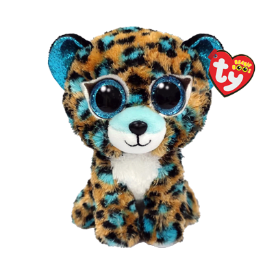 Small teal and tan spotted plush leopard with large glittery blue eyes and a heart-shaped tag