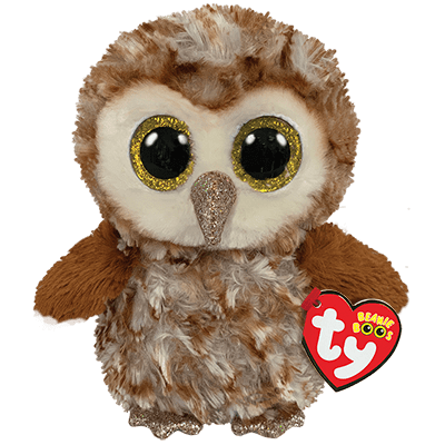 Brown and cream owl plush toy with large glittery eyes and a red heart-shaped tag.