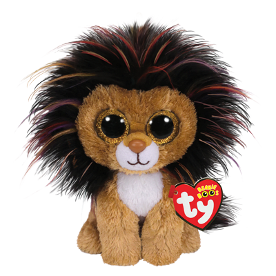 Small plush lion toy with big glittery eyes and a wild multicolored mane