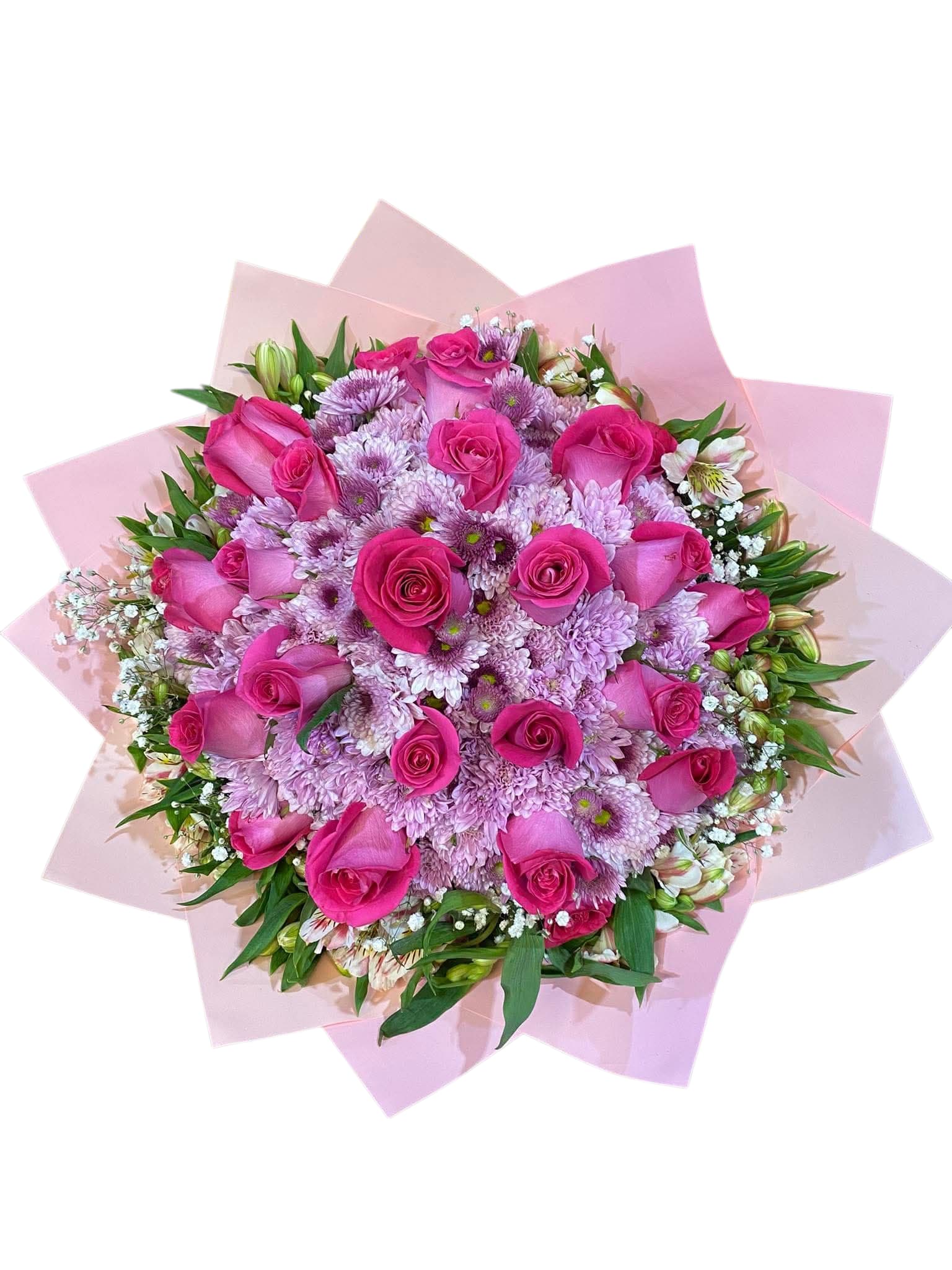 Pink rose and chrysanthemum bouquet wrapped in pale pink paper