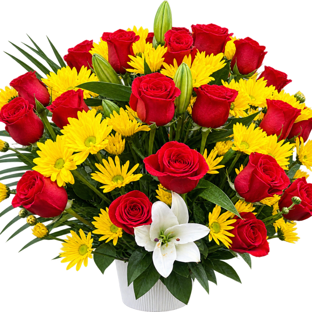 Red roses and yellow daisies in a white vase with a white lily