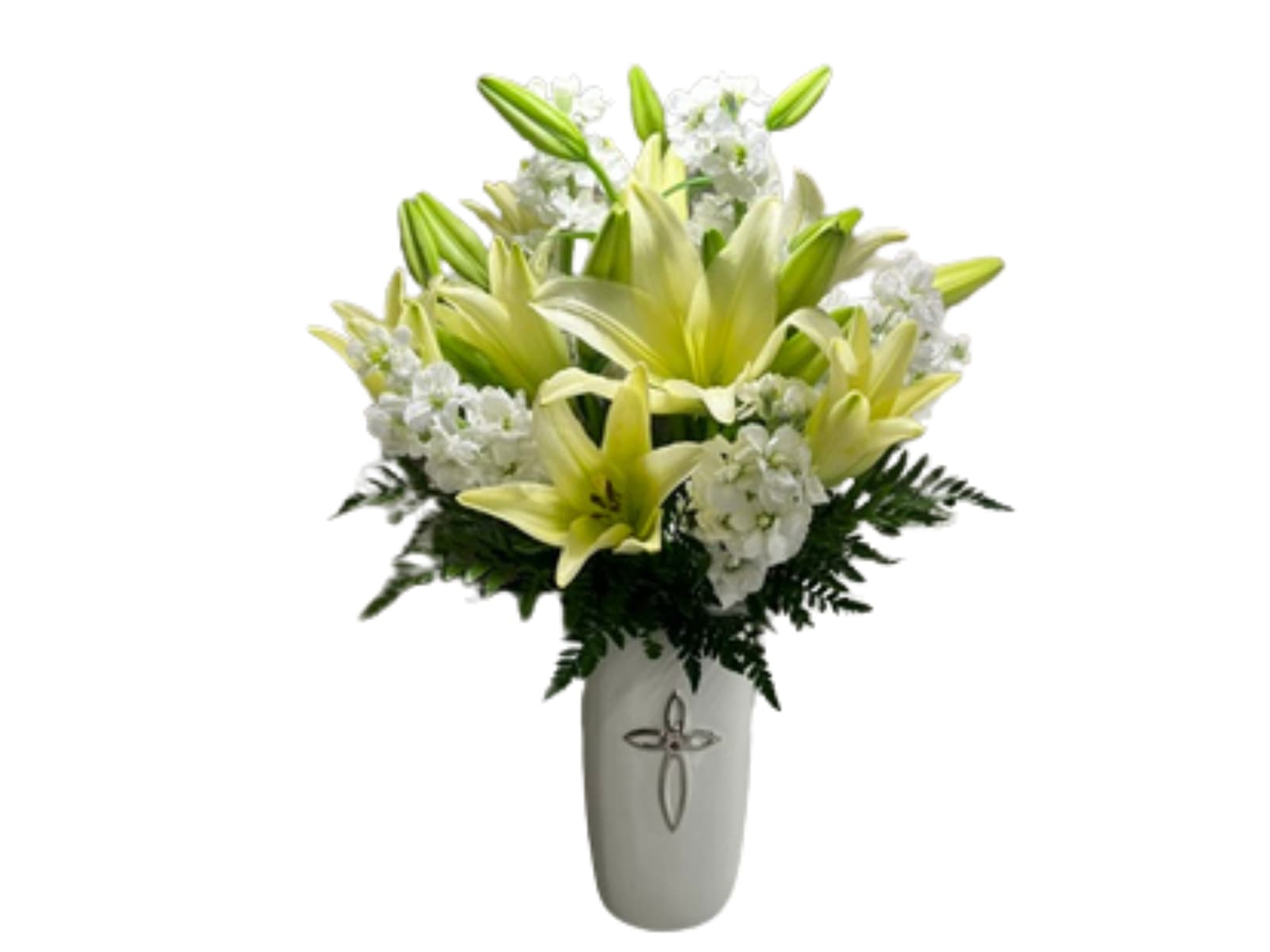 Heavenly  - Tall Ceramic ivory vase with silver cross filled with white lilies and white stock is a perfect way to show sympathy for the home or service