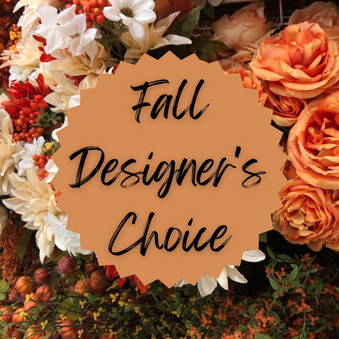 Fall floral arrangement with orange roses and white daisies, overlaid with text