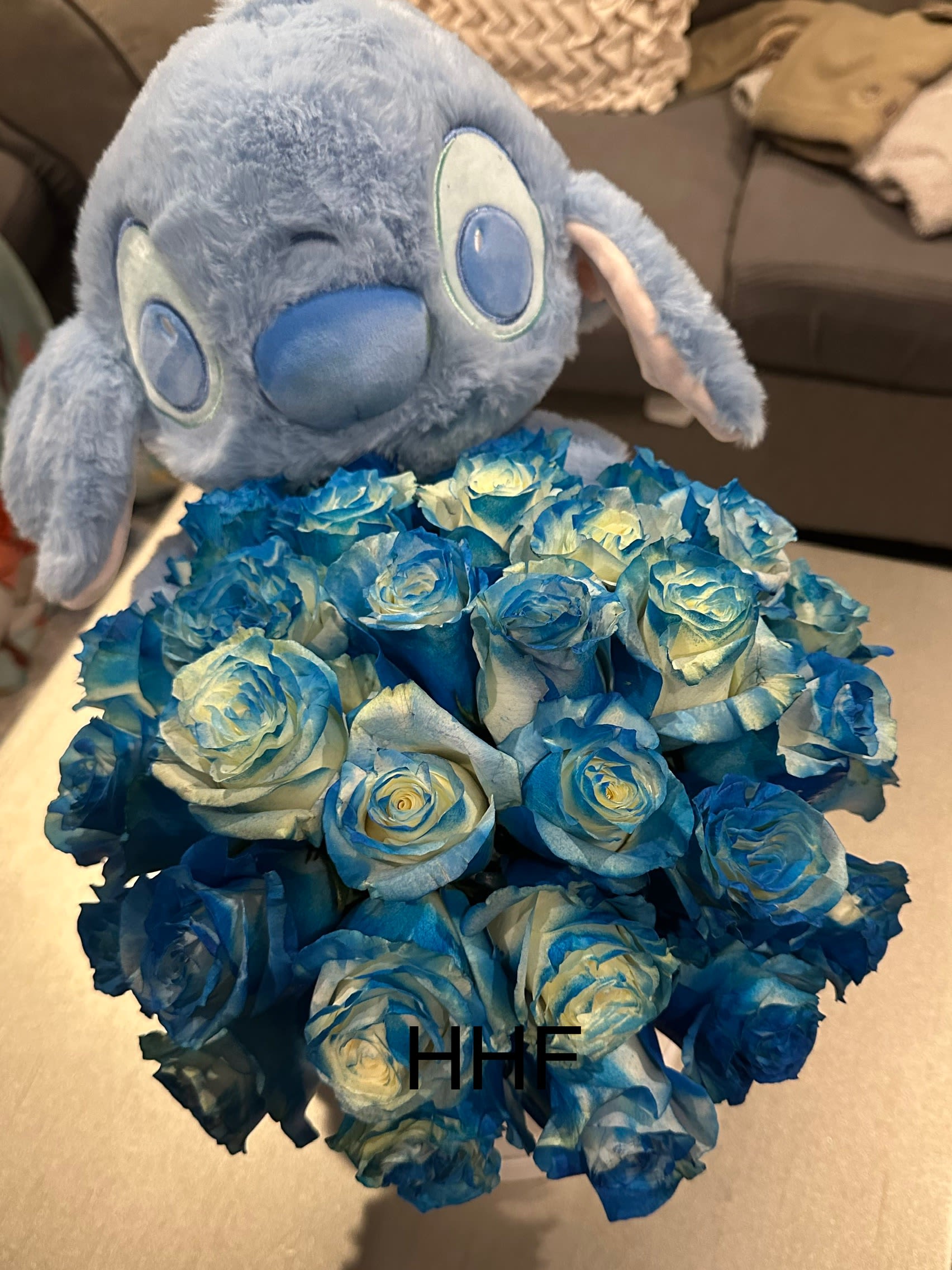 Blue Dream - Stitch azul con 35 rosas azules en una caja de cilindro representa dando una calurosa bienvenida a casa 