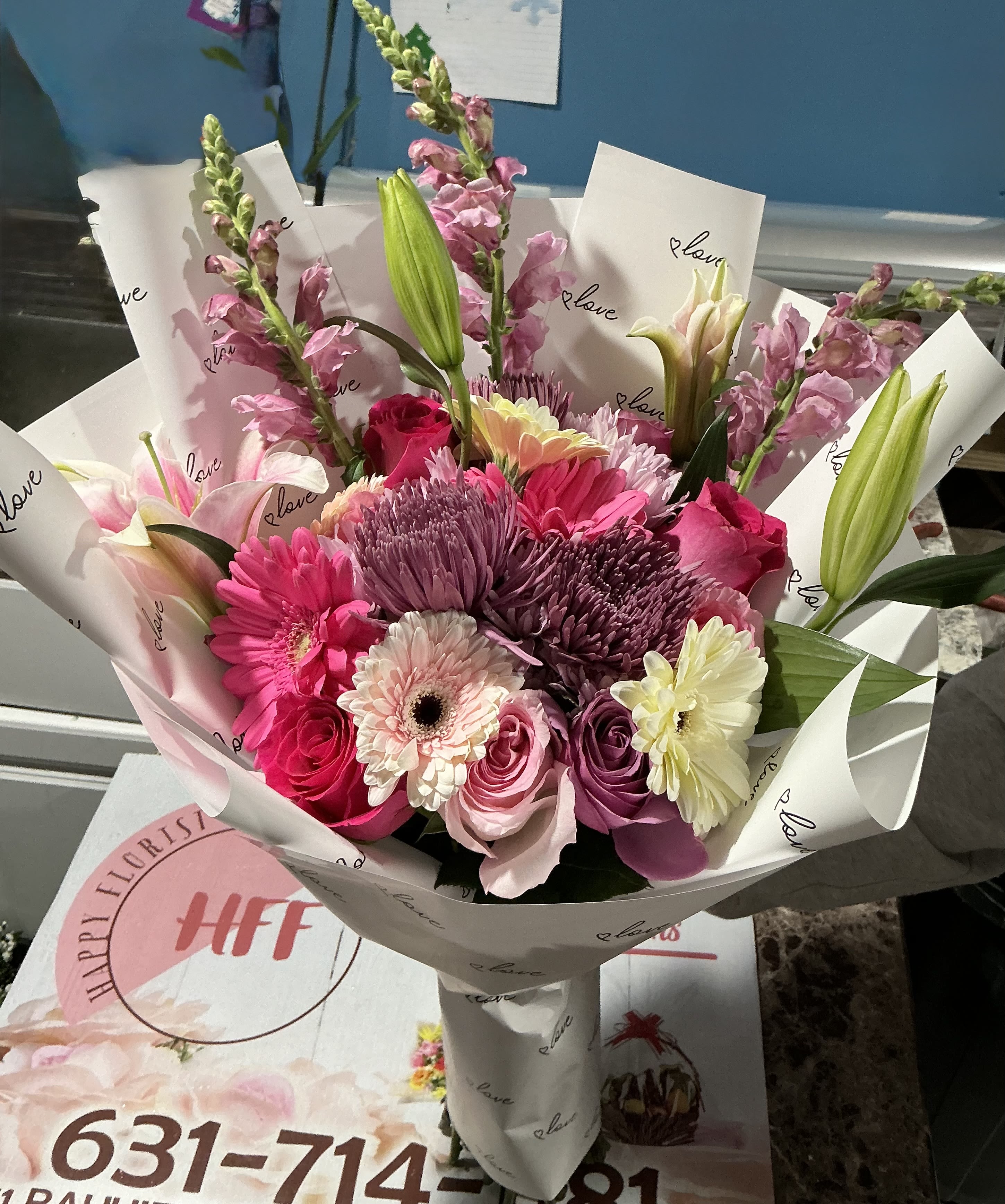 Spring bouquet  - These bright colors make a perfect gift to bring joy to a home on any special occasion  Poms, gerbera daisy, lilies, snapdragons, roses  No vase