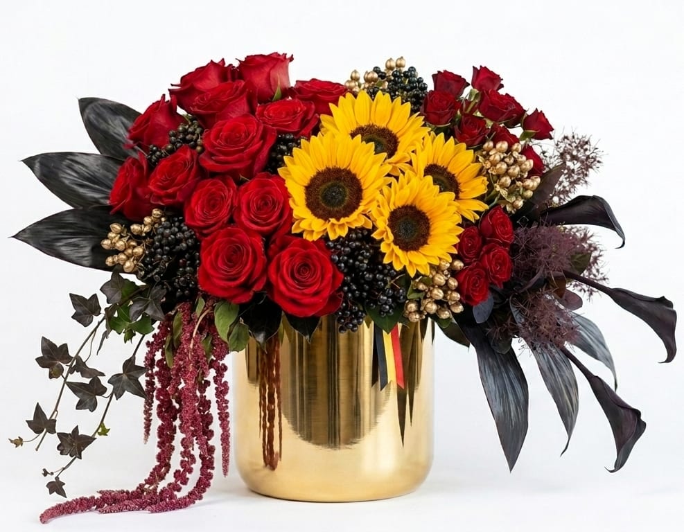 Golden Romance by The Flower Spot - Dense clusters of red roses meet bright yellow sunflowers in a striking, high-contrast arrangement perfect as a romantic bouquet, birthday gift, or festive centerpiece. Golden Romance by The Flower Spot is designed to make the person you're thinking of feel celebrated-the rich reds speak of devotion while the sunflowers bring warmth and joy, all set against dramatic dark foliage and berry-like accents for extra depth.  Each bloom is curated and arranged into a rounded, full silhouette that commands attention on a table, mantle, or entryway. The flowers and mixed textured greenery sit in a reflective gold metal vase that adds a luxurious, modern finish and elevates the reds, yellows, and deep tones. This substantial composition combines roses, sunflowers, and supporting seasonal blooms for visual and textural richness.  Ideal for anniversaries, birthdays, congratulations, or any moment you want to mark with bold beauty, the arrangement arrives ready to display in its gold vase. To keep the flowers looking their best, ensure the water stays fresh and the display is kept out of direct heat.