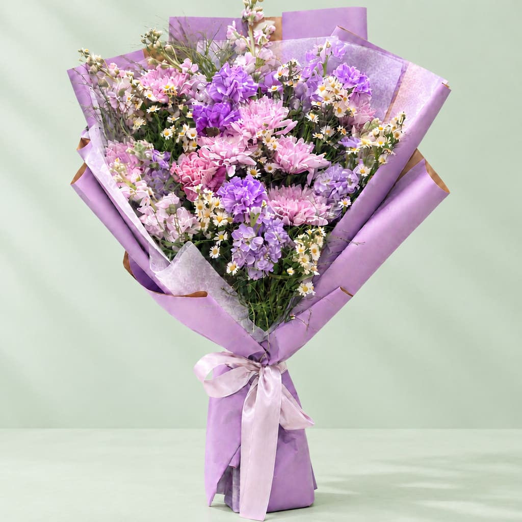 Lavender bouquet of pink and purple flowers wrapped in lilac paper