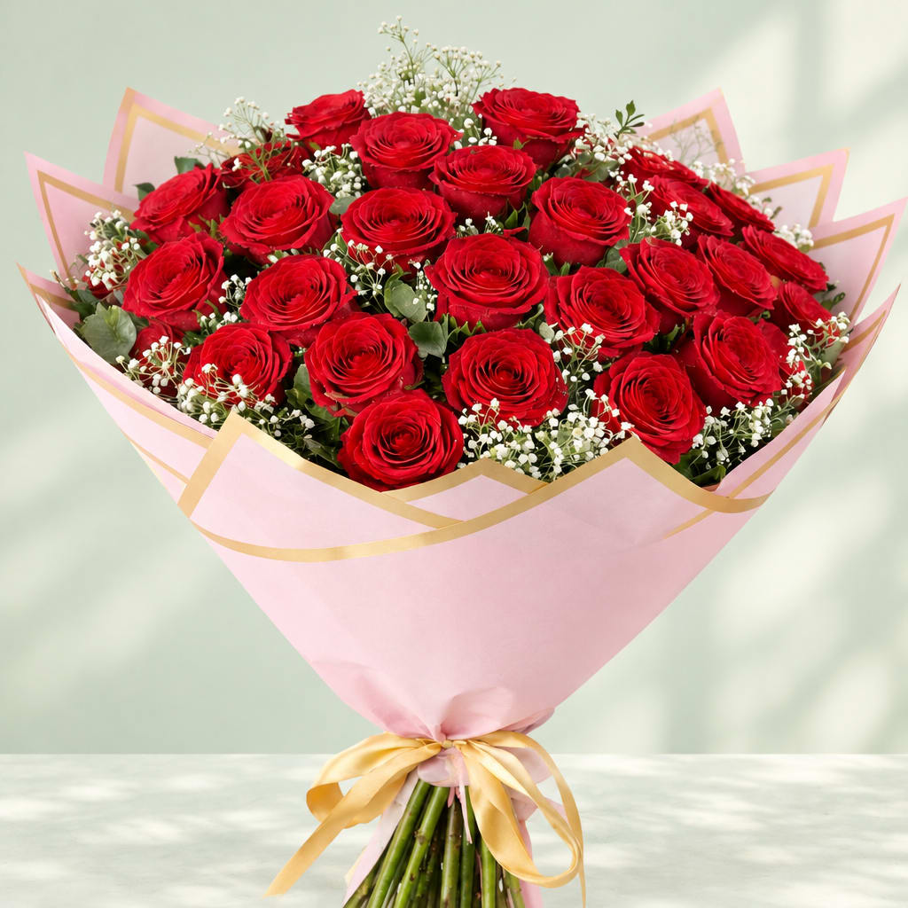 Bouquet of red roses wrapped in pink paper with a gold ribbon