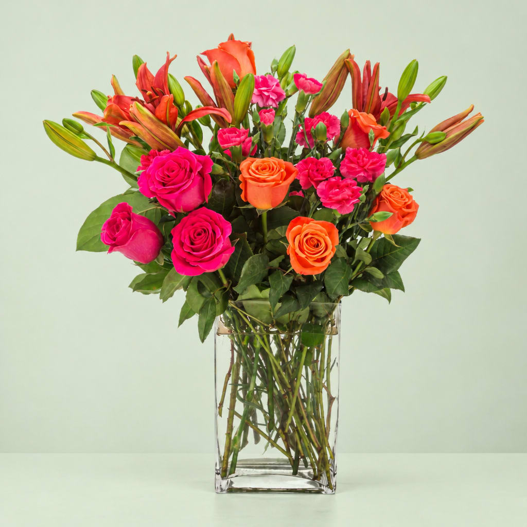 Pink and orange roses with lilies in a clear glass vase