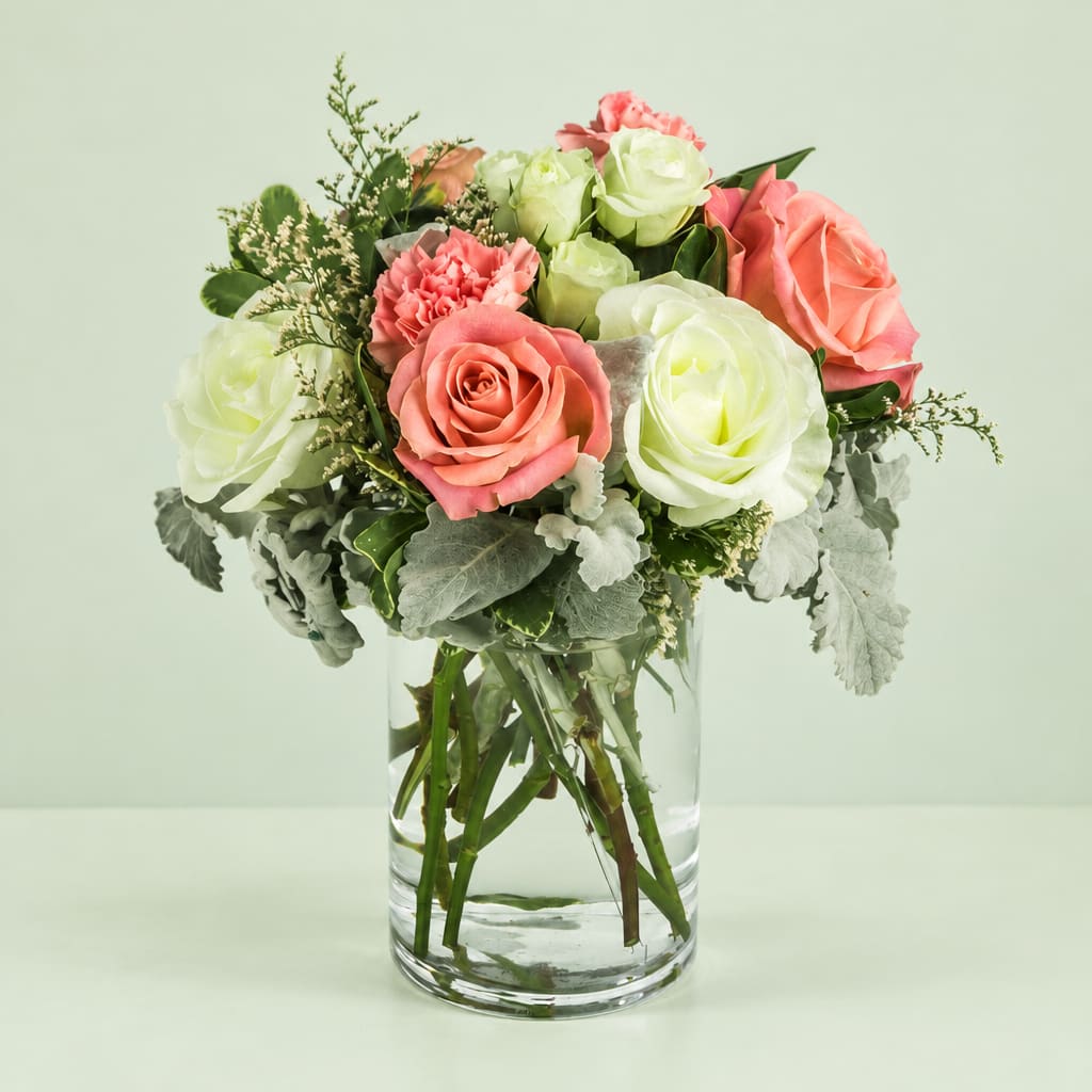Pink and white roses with carnations in a clear glass vase