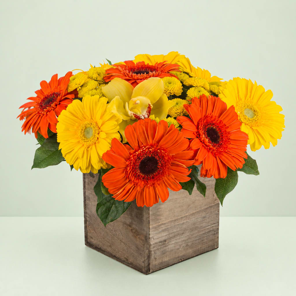 Orange and yellow gerbera daisies in a wooden box