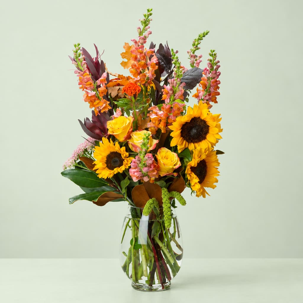 Tall mixed bouquet with sunflowers, yellow roses, and pink snapdragons in a glass vase