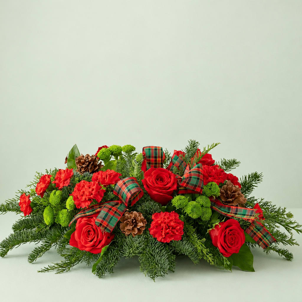 Low holiday arrangement with red roses, red carnations, and plaid ribbon