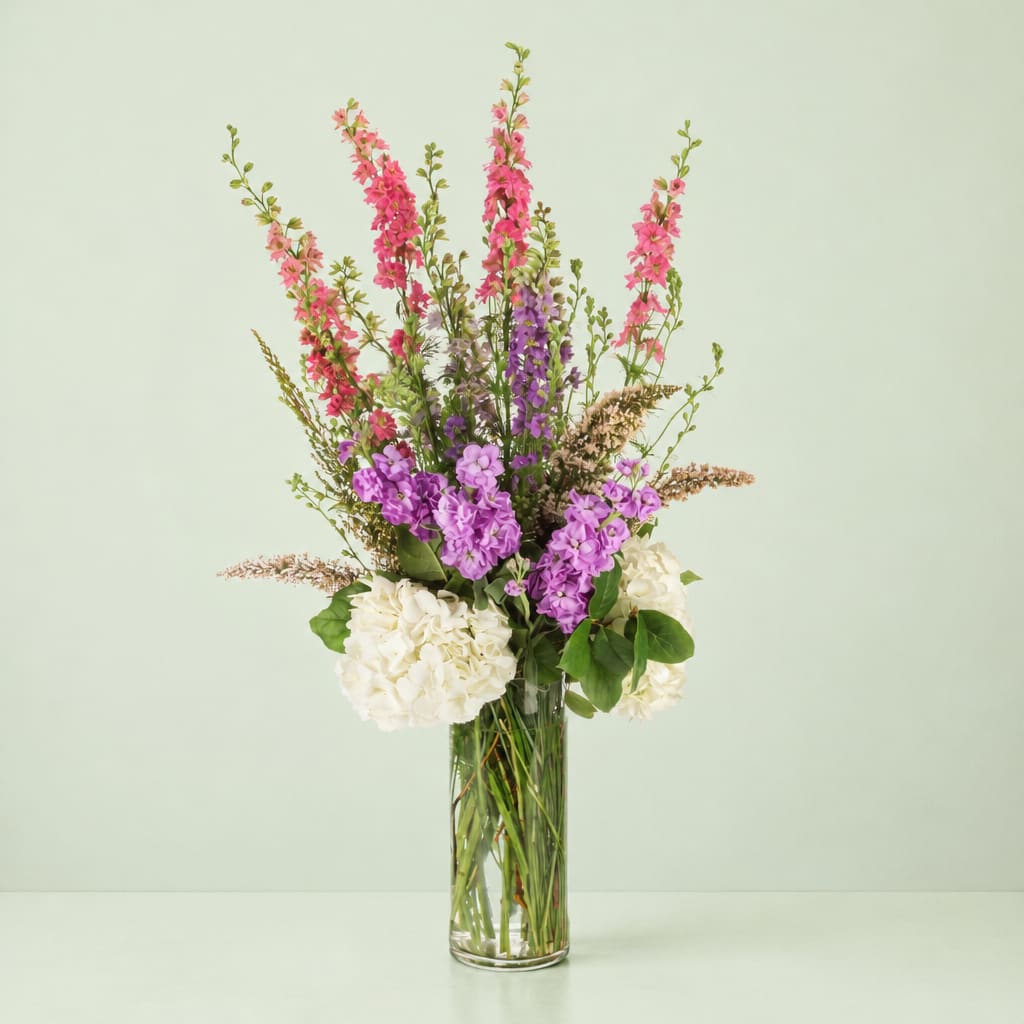 Tall mixed bouquet in a clear glass vase with pink, purple, and white blooms