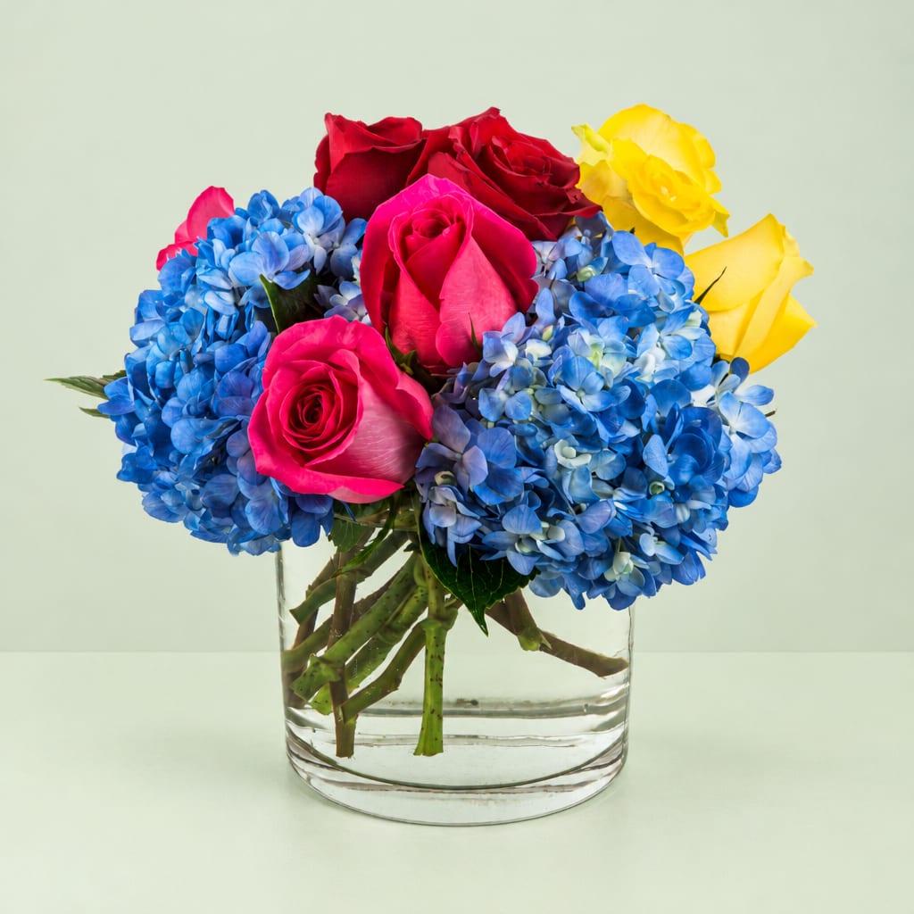 Bouquet of multicolored roses and blue hydrangeas in a clear glass vase