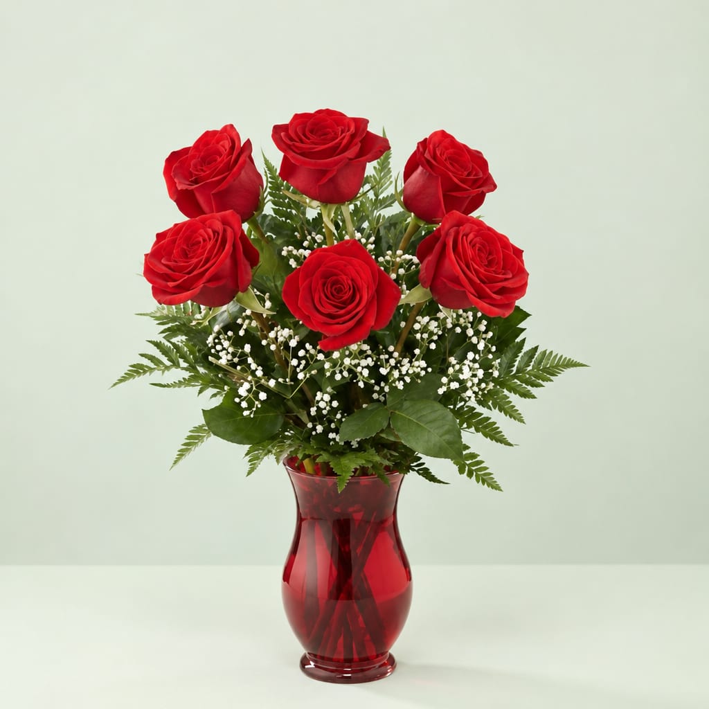 Red roses arranged in a red glass vase with baby's breath