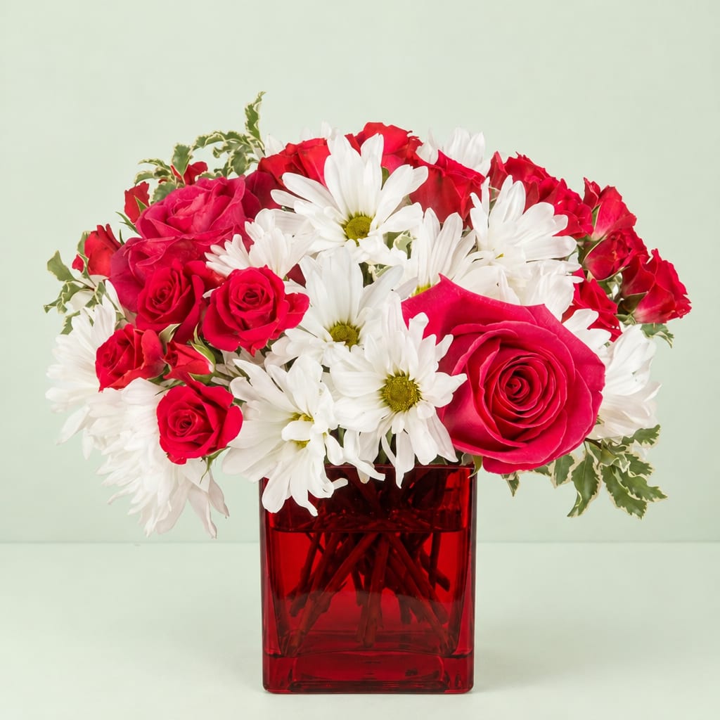 Red roses and white daisies in a red glass vase