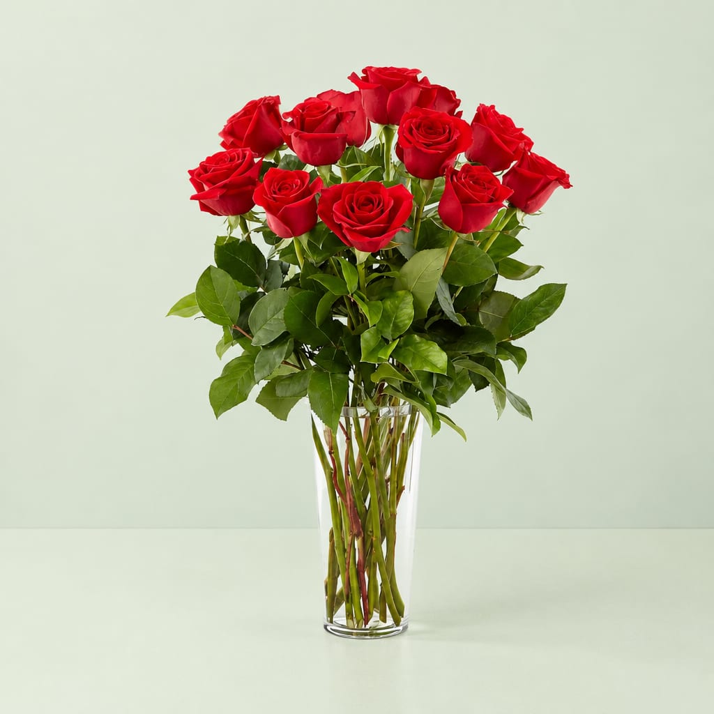 Red roses arranged in a clear glass vase
