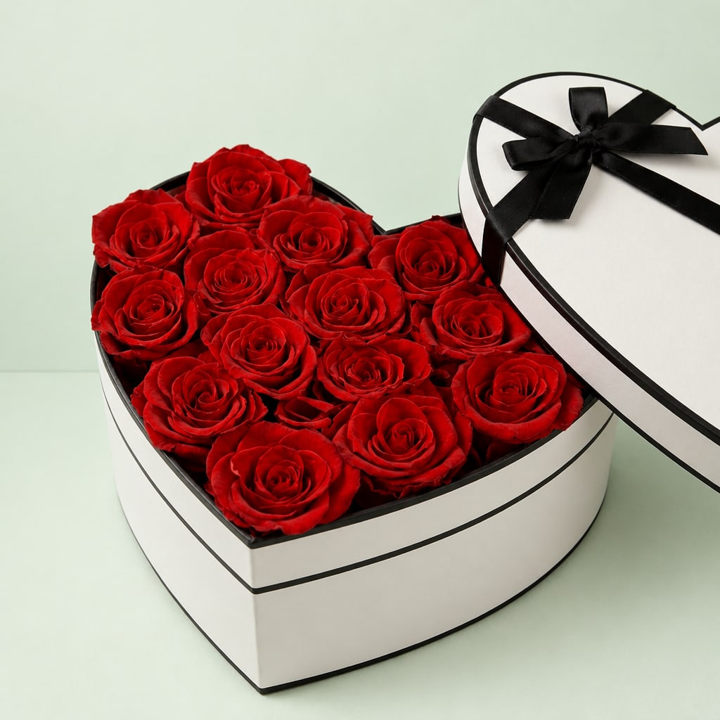 Heart-shaped box filled with red roses and tied with a black ribbon
