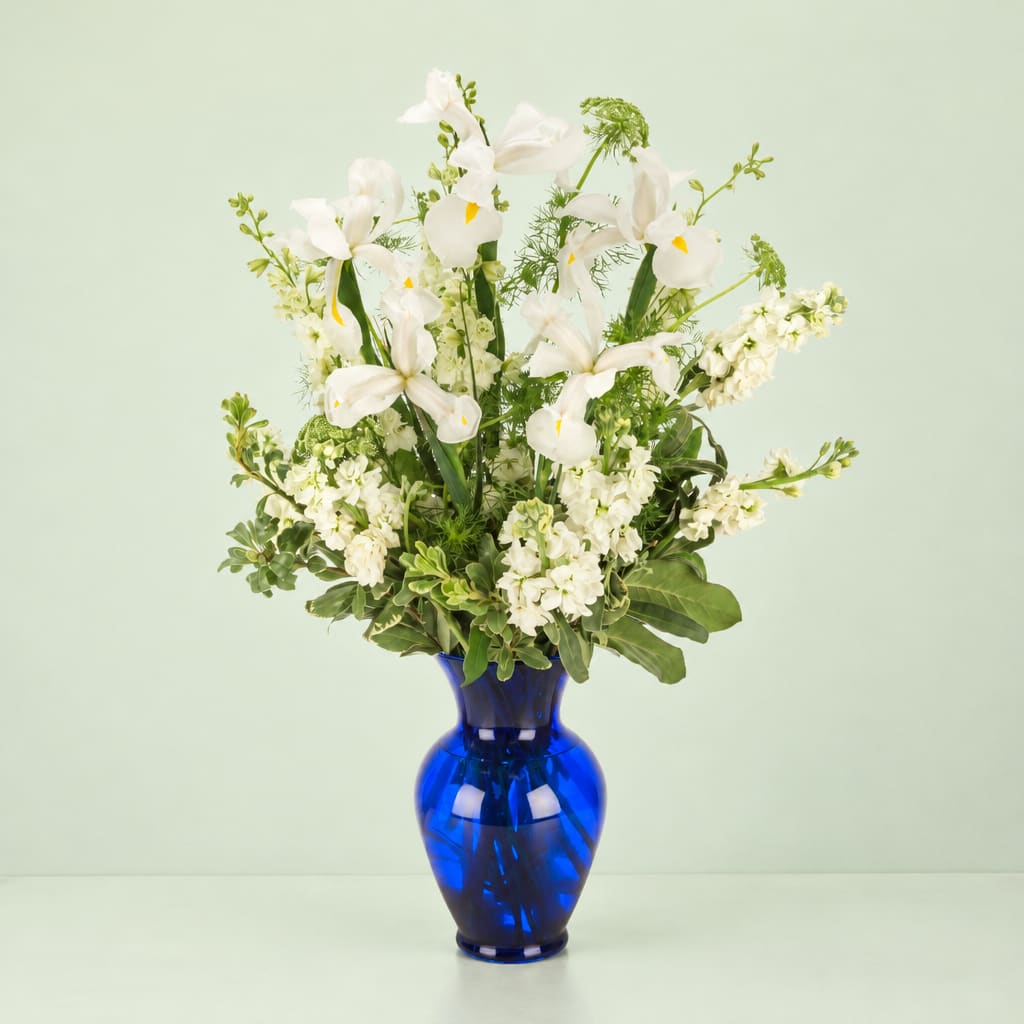 White iris arrangement in a cobalt blue vase