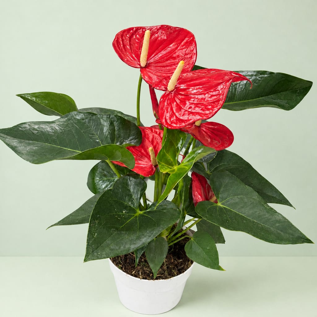 Potted anthurium plant with red blooms in a white container