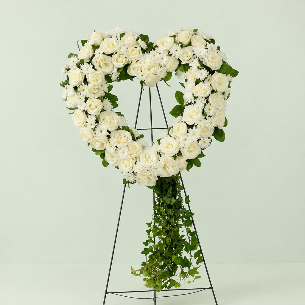 Heart-shaped white rose wreath on a stand with trailing ivy