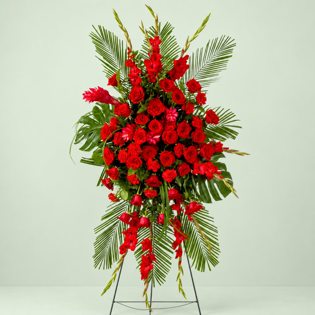 Tall red floral standing spray with palm fronds on a metal easel