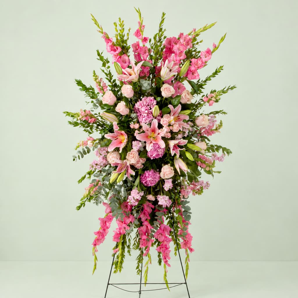 Tall pink floral standing arrangement on a metal easel