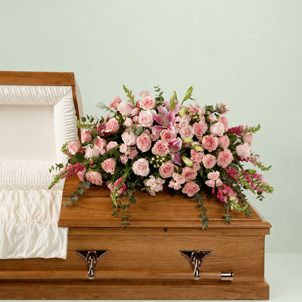 Pink rose and lily arrangement on a wooden casket