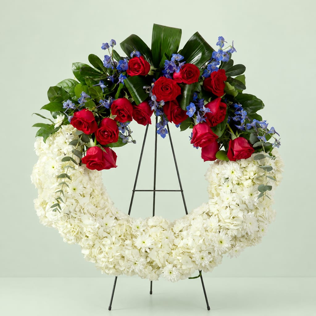 Red roses and blue flowers on a white floral wreath on a stand