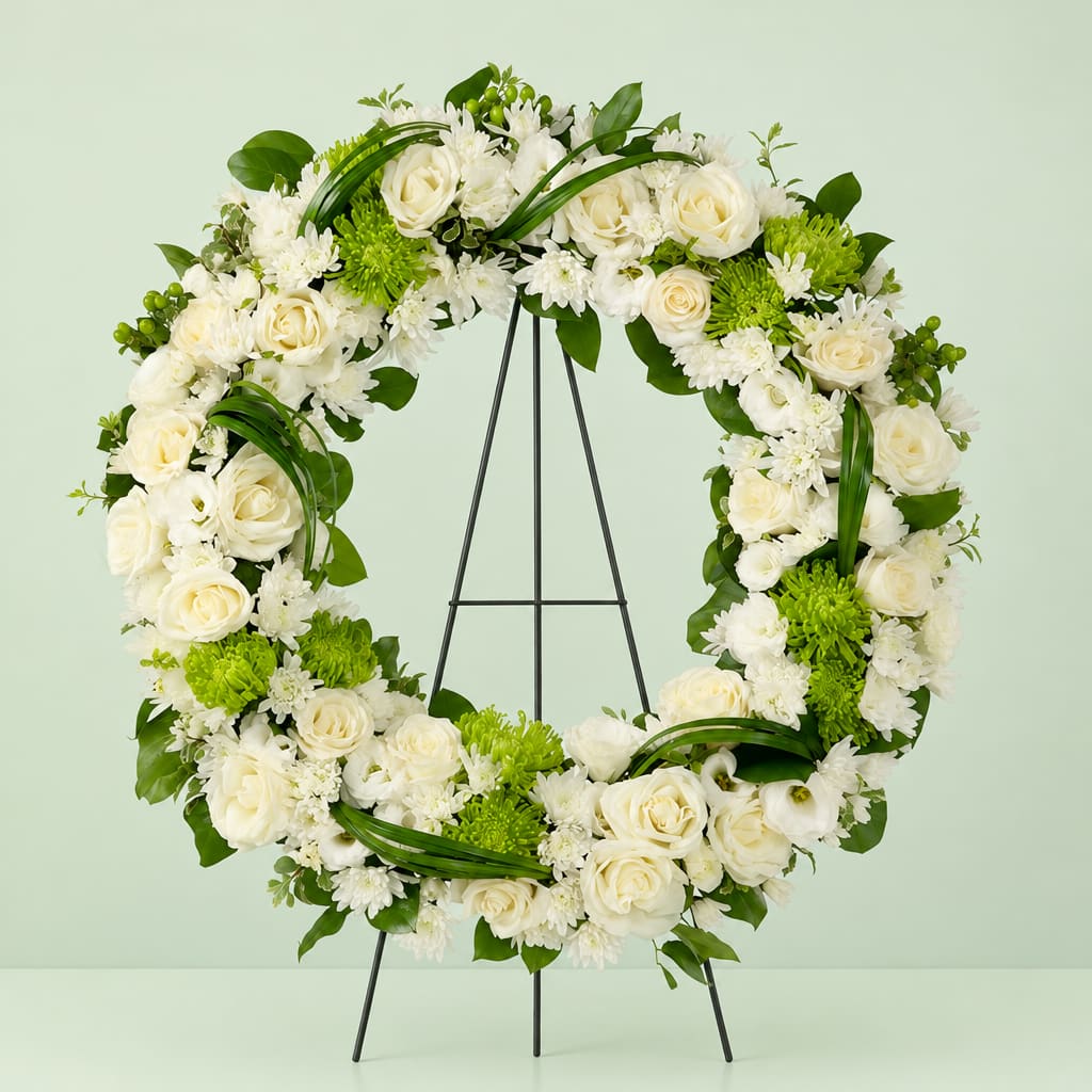 White floral wreath on a black stand with green accents