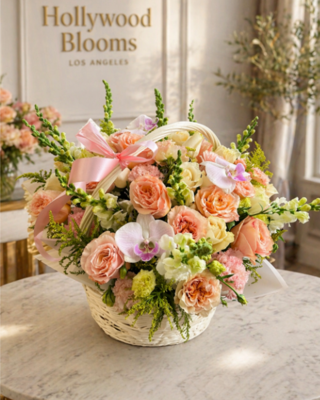 Soft Bloom Basket - A soft, garden-fresh impression greets the recipient with this rounded flower arrangement-perfect as a Mother's Day gift, anniversary surprise, or a thoughtful "thinking of you" basket. The Soft Bloom Basket reads as gentle and romantic, the kind of arrangement that makes someone feel truly seen whether you're celebrating a birthday, welcoming a new baby, marking a graduation, or sending sympathy on Memorial Day.  This woven basket is filled with peach roses, pink carnations, white phalaenopsis orchids and lisianthus, pale cream blooms and bright green snapdragon spires for height and garden-like texture. Airy filler lifts the composition so colors breathe against the soft pastels, and a pink satin ribbon tied near the handle gives a polished, gift-ready finish. The overall size is a full, rounded presentation that sits beautifully on a dining table, bedside, or office desk.  Choose this arrangement to say "thank you," "I'm sorry," or "congratulations" with understated elegance-it's equally fitting for Father's Day, Valentine's Day, Get Well wishes, or to honor a grandmother on Grandparent's Day. Care is simple: keep the basket in a cool spot away from direct sun, refresh water if flowers are arranged in a liner, and trim stems as needed to extend bloom life so your person can enjoy the soft blooms for days.
