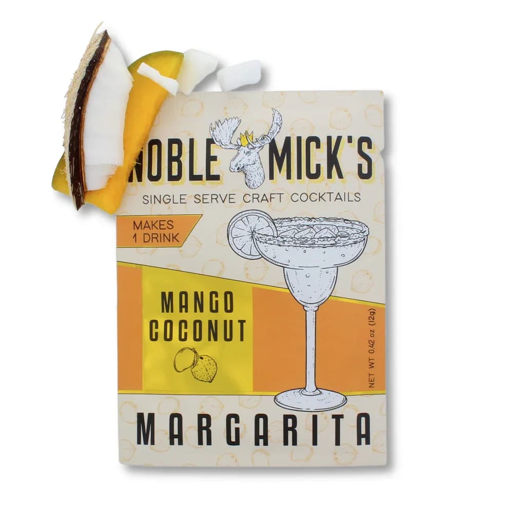 Margarita cocktail mix box with mango coconut flavor and a coconut garnish