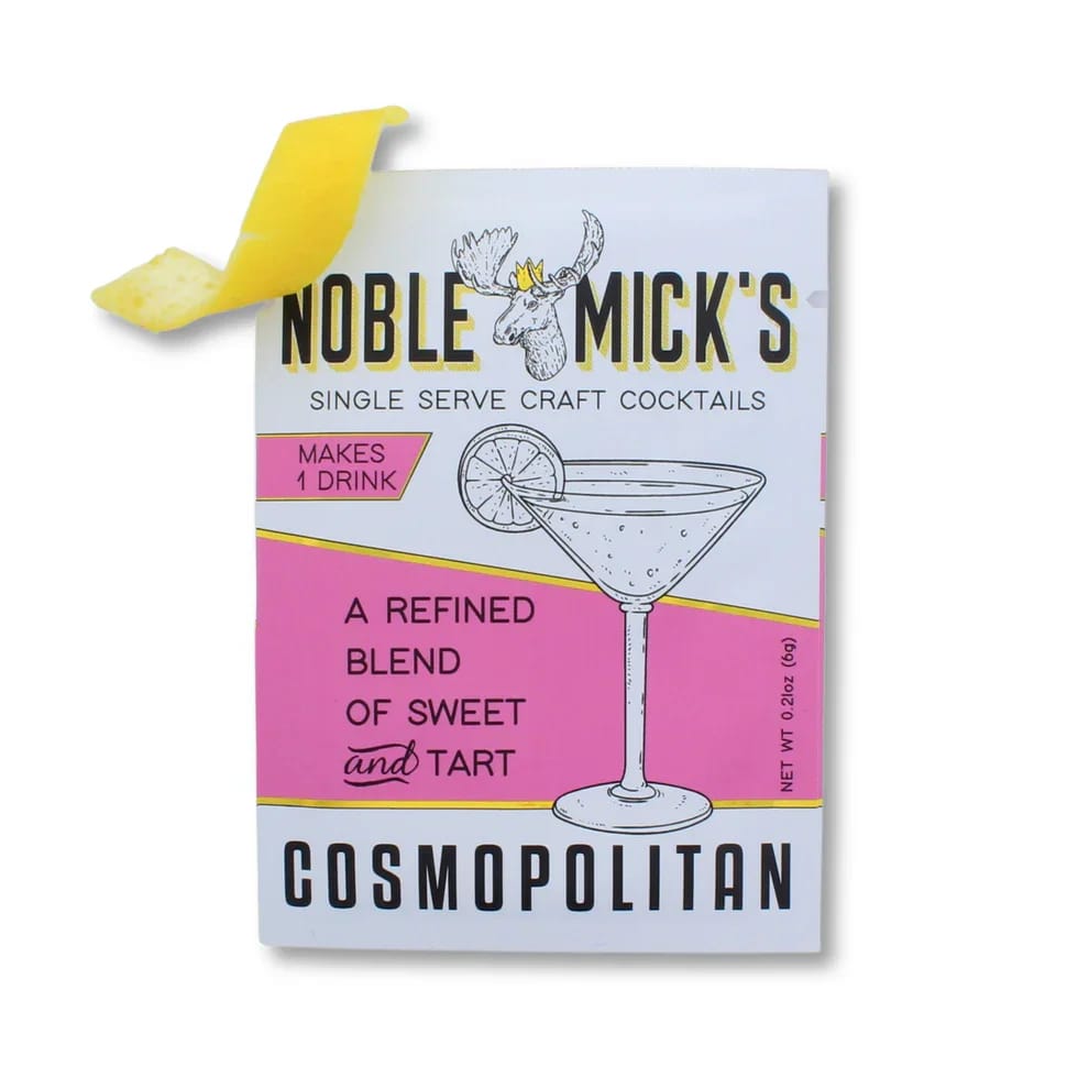 Cosmopolitan cocktail mix box with a yellow peel garnish illustration