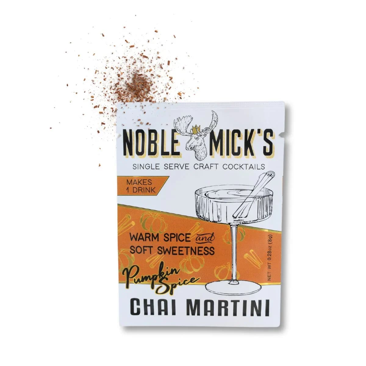 Cocktail mix packet labeled chai martini with spilled spice powder