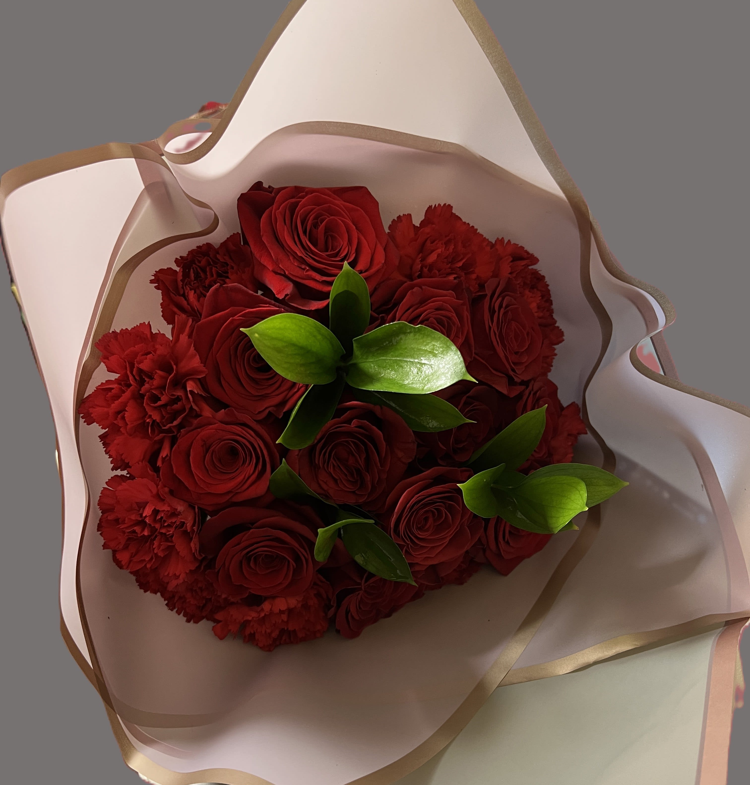 PAPER WRAPPED ROSES AND CARNATIONS - Beautiful long stem roses, to cheer the heart