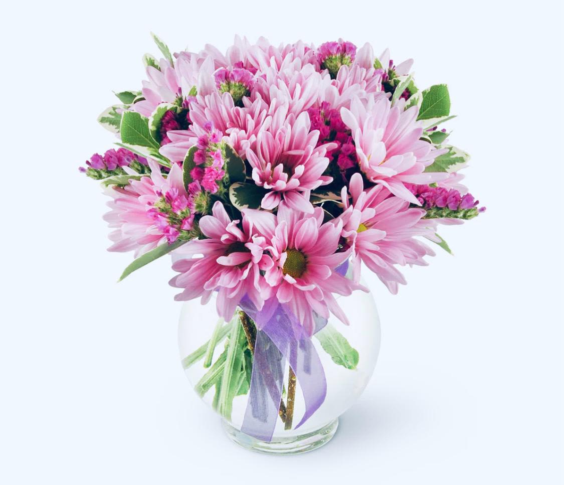 Pink daisy bouquet in a clear glass vase with a purple ribbon