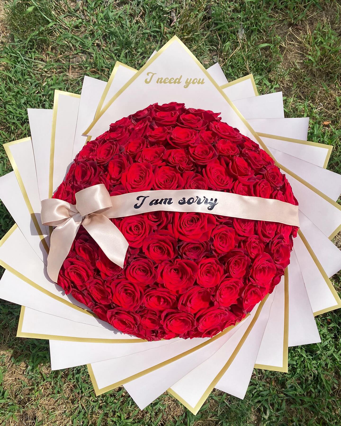 Round bouquet of red roses with a ribbon and apology message