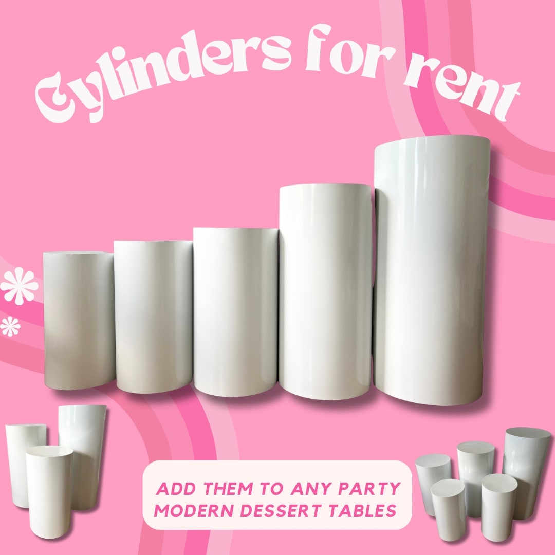 Pink graphic with white cylindrical pedestals and the text "Cylinders for rent"