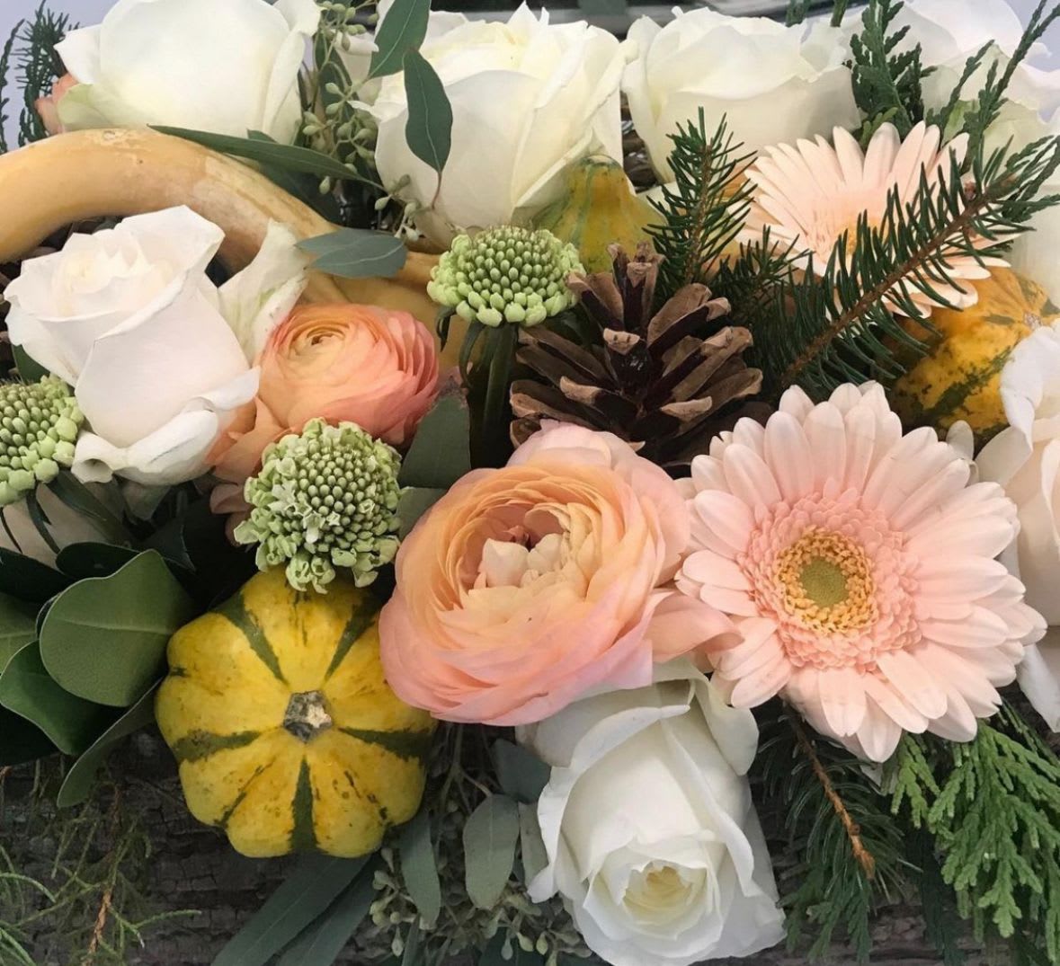 Fall in Pales - Roses, scabiosa, gourds, gerbera daisies, seasonal greens and pinecones