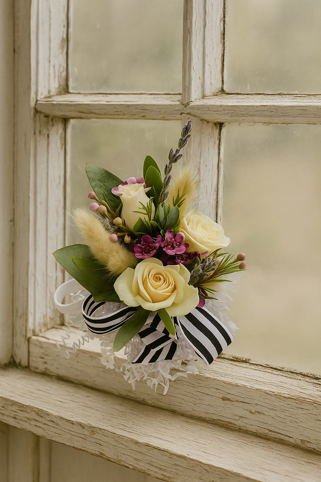 Small floral arrangement with cream roses, purple accents, and a black-and-white ribbon