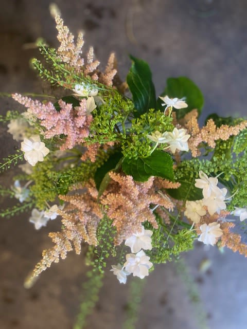 Astilbe - An arrangement that feels like a walk in nature,wrapped in mesh ( Hand-tied). If you need a vase please choose a vase  by going to add product( Standard vase for standard arrangement, Deloux vase for Deloux arrangement, Premium vase for premium arrangement). 