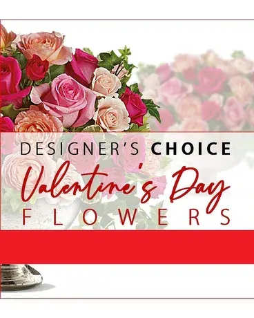 Designer’s choice Valentine’s Day flowers with pink and red roses